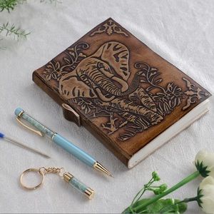Genuine Leather Hand Embossed Diary with Gradidierite Filled Pen and Key Chain